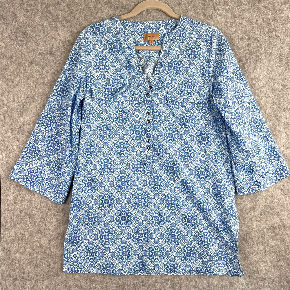 Kachel Tunic Top Womens Small Blue Floral Lightweight‎ Tropical Hawaiian Coastal